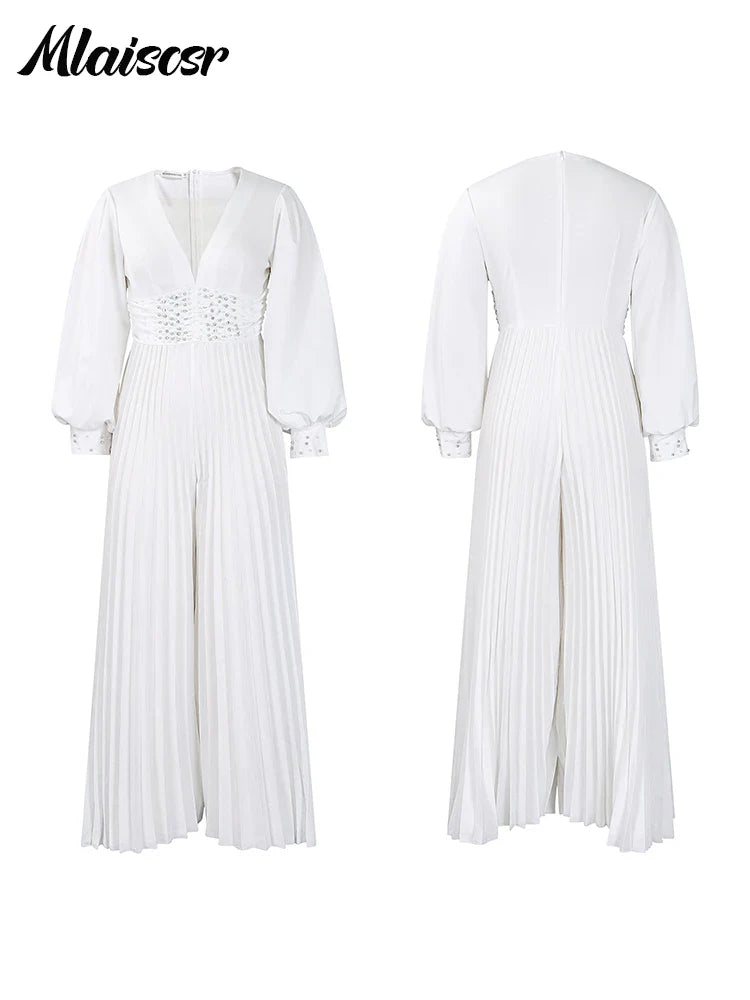 Close-up of intricate pearl bead embellishments on the Mlaiscsr elegant jumpsuit, showcasing its exquisite craftsmanship and high-end fashion appeal.