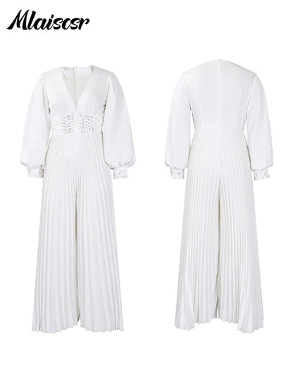 Close-up of intricate pearl bead embellishments on the Mlaiscsr elegant jumpsuit, showcasing its exquisite craftsmanship and high-end fashion appeal.