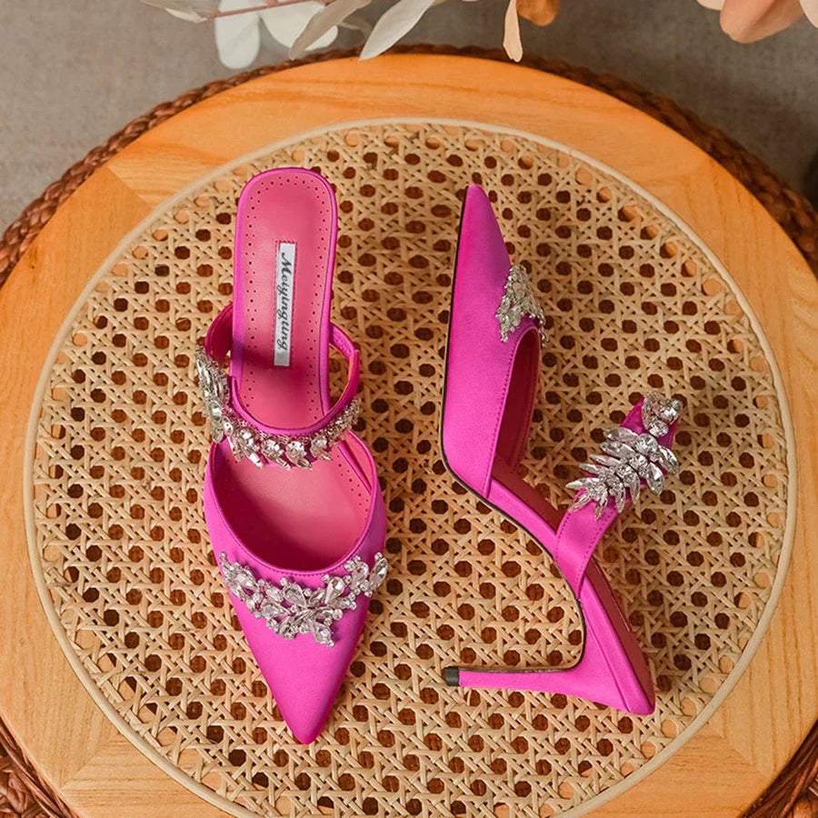 Elegant women's luxury silk mules sandals with rhinestones, perfect for summer outings.