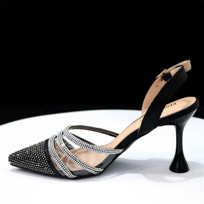 Stylish matching bag set with metal handle and long chain shoulder strap, designed to complement Venus Chan black heels effortlessly.