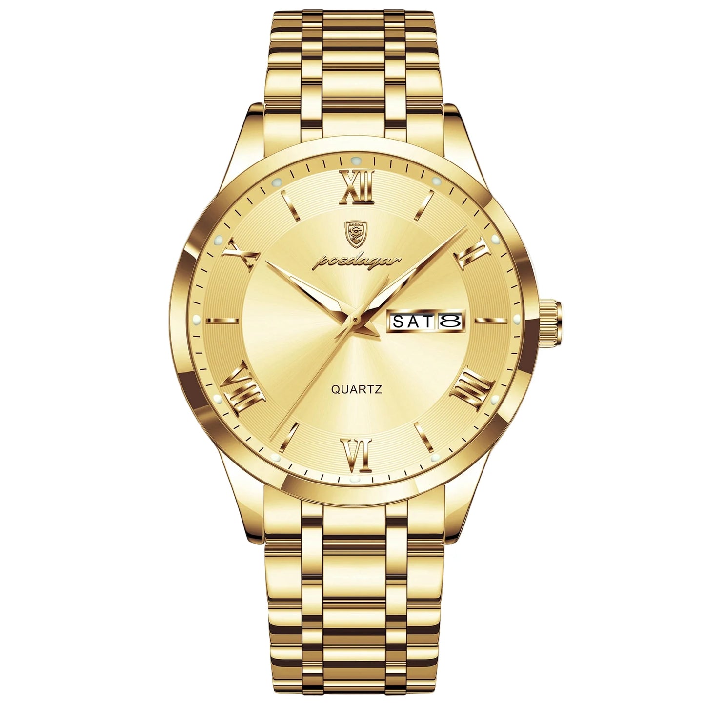 Waterproof men's wristwatch showcasing a sleek stainless steel case with luminous week date feature, ideal for diving and casual wear.