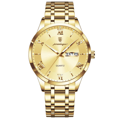 Waterproof men's wristwatch showcasing a sleek stainless steel case with luminous week date feature, ideal for diving and casual wear.