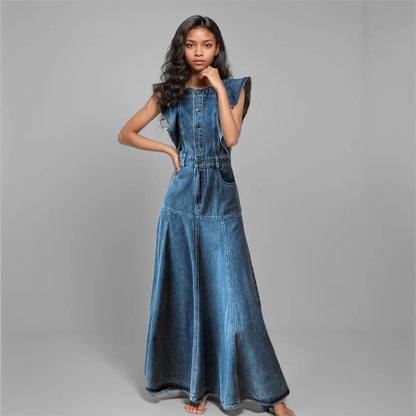Fashionable display of WTHT women's long denim dress, perfect for autumn winter season, combining comfort and style in one luxury piece.