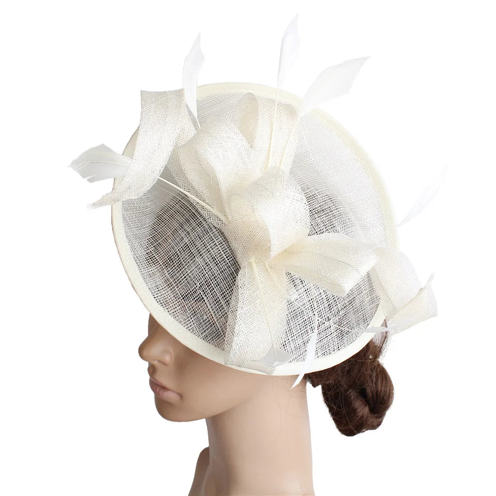 Close-up of luxurious sinamay fascinator hat in soft cream, showcasing fine craftsmanship ideal for Derby and party occasions.