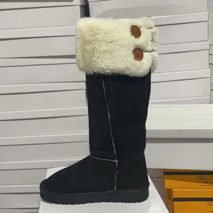 Stylish mid-calf snow boots for women, crafted with premium materials including plush lining and wedge heels, offering both comfort and refined winter elegance.