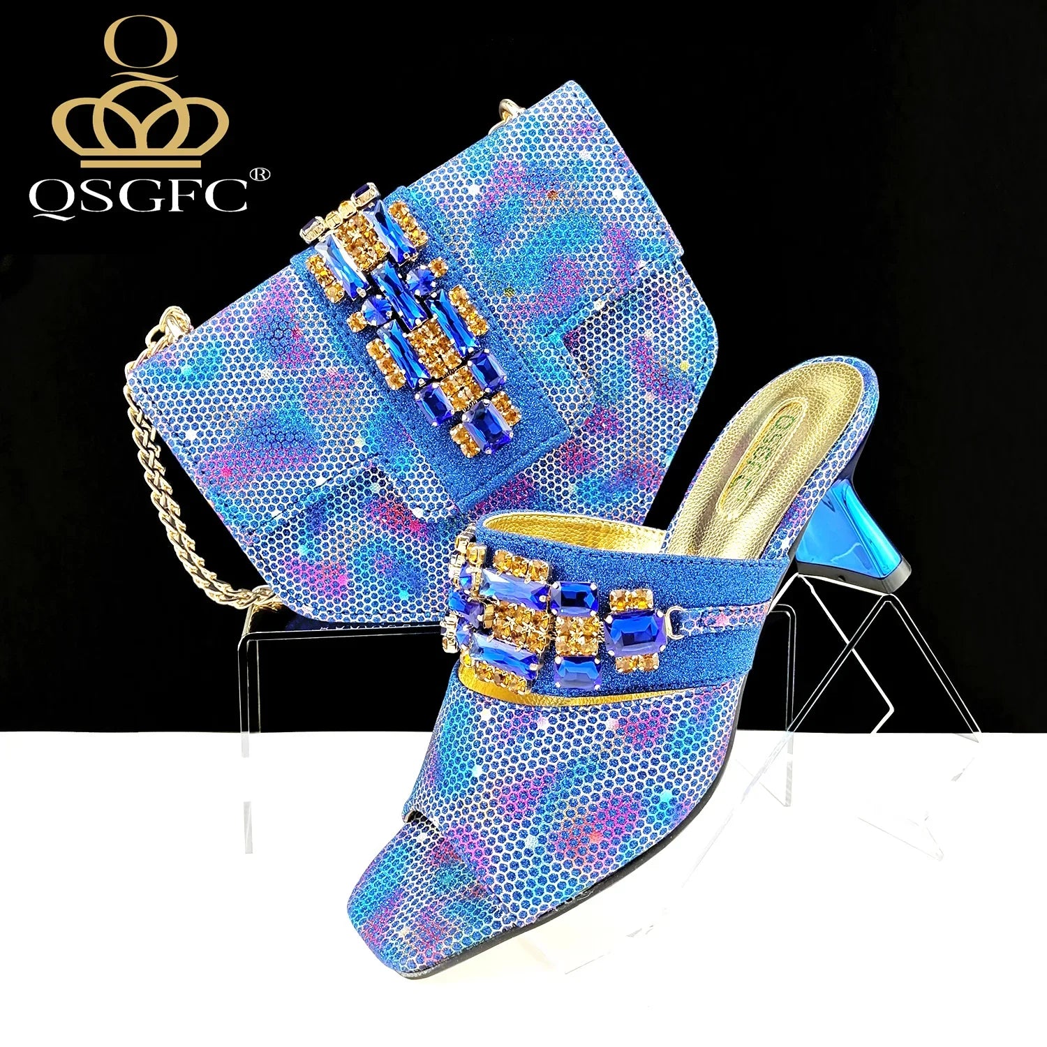 Fashionable view of QSGFC Gold Italian Shoes and Bag Set, showcasing high-quality materials and intricate design, suitable for fashionable women.