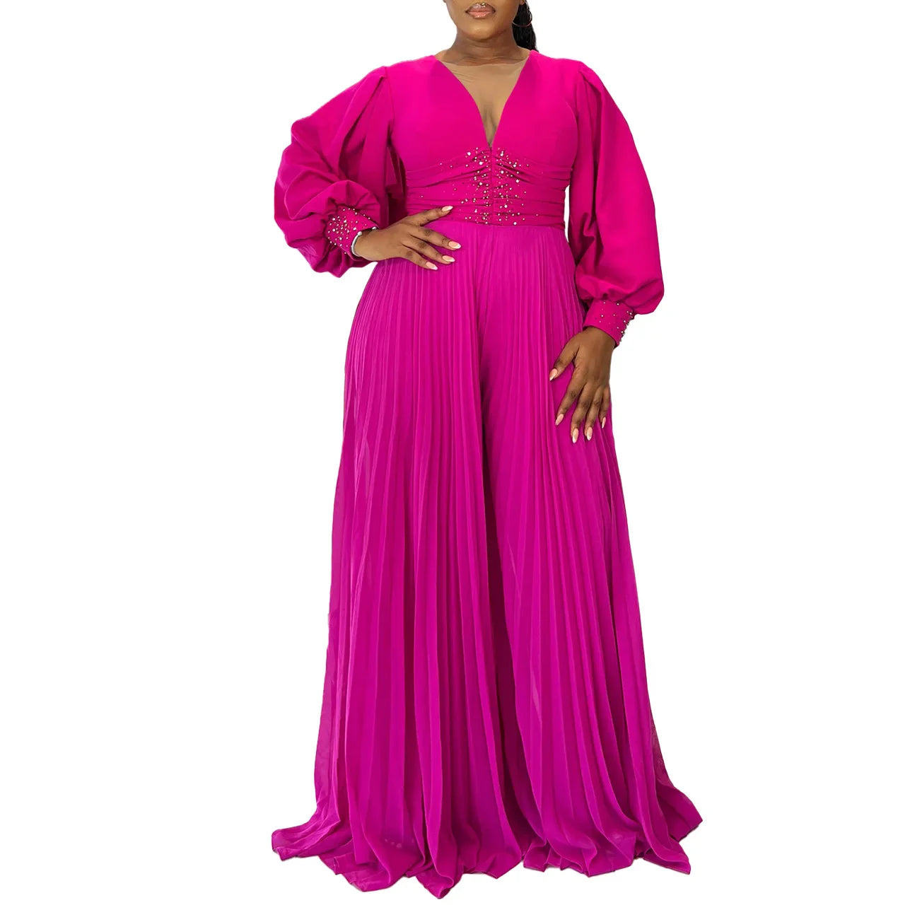 Model showcasing the stunning autumn dashiki jumpsuit, elegantly styled with vibrant yellow green, black, white, and rose red colours, ideal for traditional clothing enthusiasts.