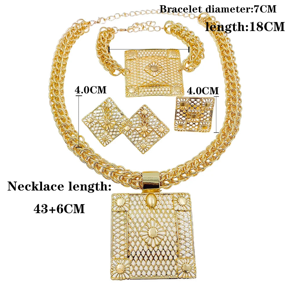 Luxury 18K Gold Plated Geometric Jewelry Set featuring a stunning pendant necklace and matching earrings, perfect for weddings and parties, showcasing exquisite craftsmanship ideal for elegant women's fashion.