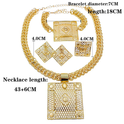 Luxury 18K Gold Plated Geometric Jewelry Set featuring a stunning pendant necklace and matching earrings, perfect for weddings and parties, showcasing exquisite craftsmanship ideal for elegant women's fashion.