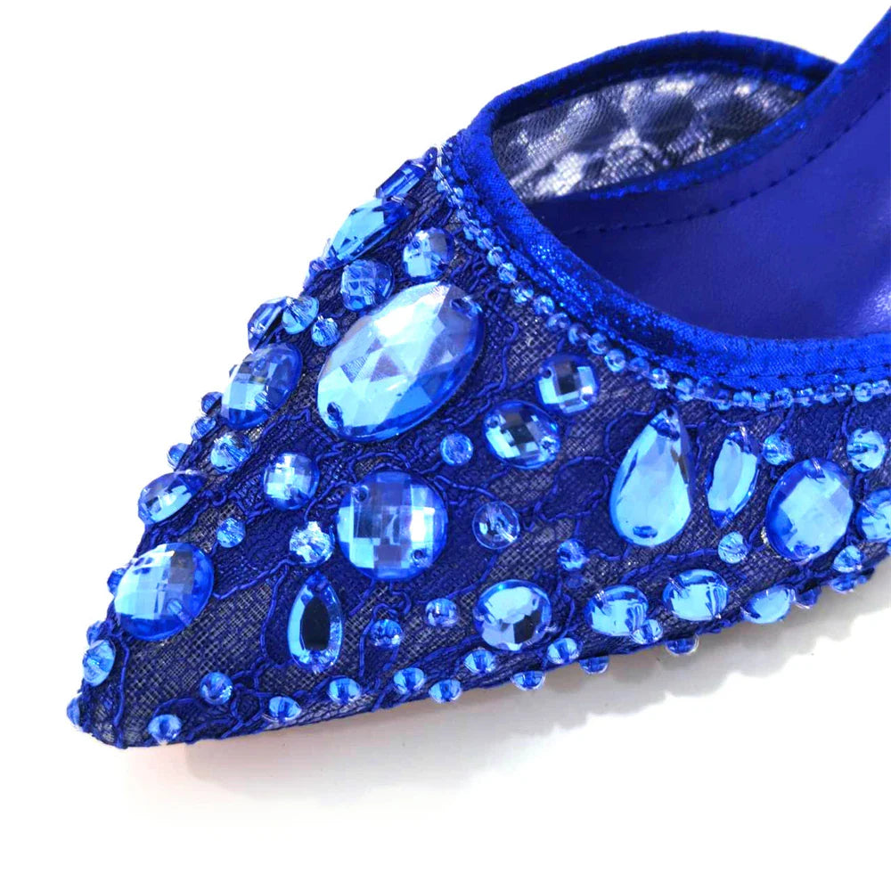 Close-up of Venus Chan Elegant Lace High Heels showcasing exquisite bling details and soft PU material, designed for chic women's fashion.