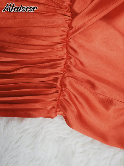 Close-up of Mlaiscsr Women’s Pleated Dress decoration, featuring a stylish empire waist and beautiful craftsmanship for a luxury look.