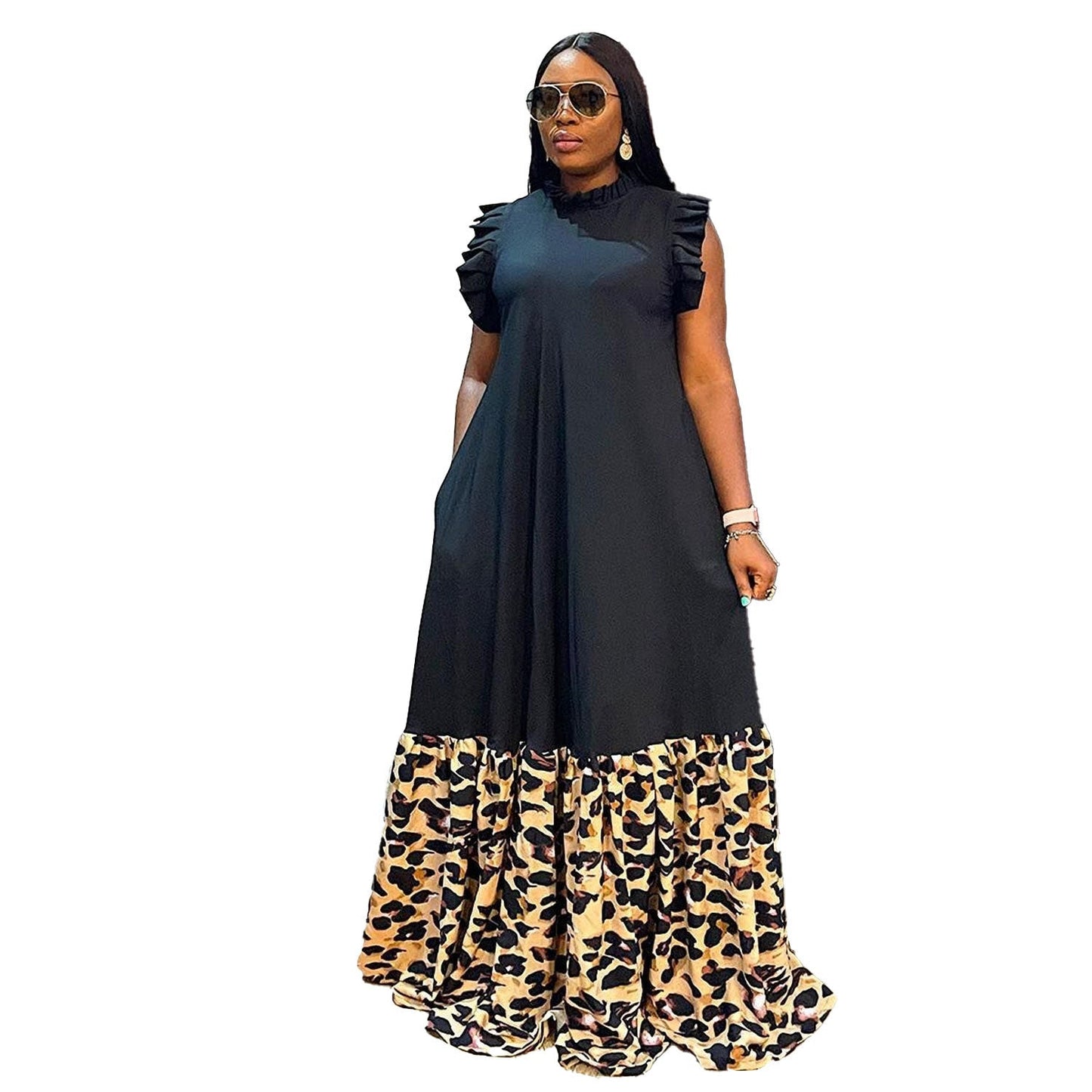 Full view of a fashionable black African dashiki maxi dress, designed for women in sizes L to 3XL, perfect for elegant occasions.