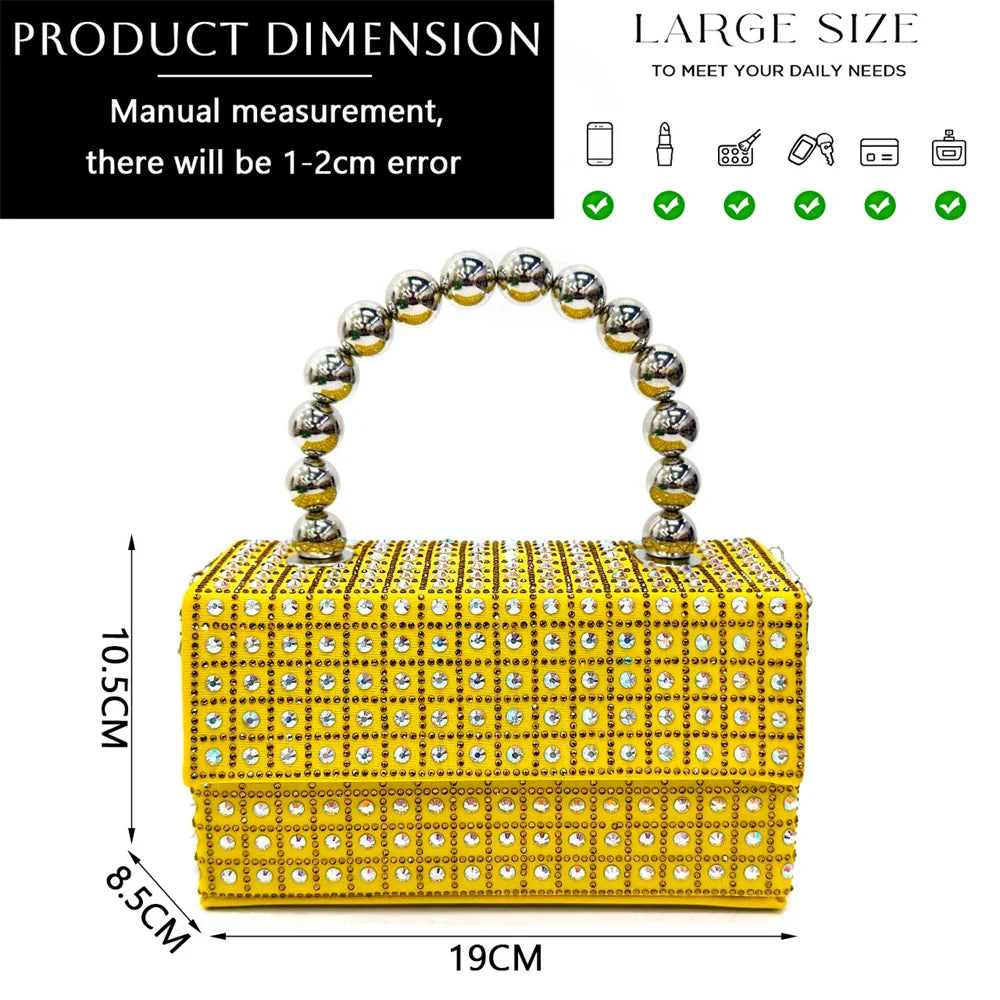 Elegant yellow rhinestone handbag paired with women's high heels, designed for upscale parties and special occasions.