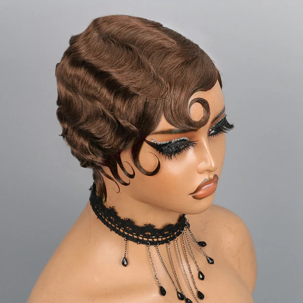 Close-up of the Luxurious Finger Wave Pixie Wig's hairline, exhibiting natural look and seamless blend, ideal for upscale fashion.
