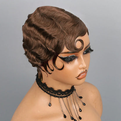 Close-up of the Luxurious Finger Wave Pixie Wig's hairline, exhibiting natural look and seamless blend, ideal for upscale fashion.