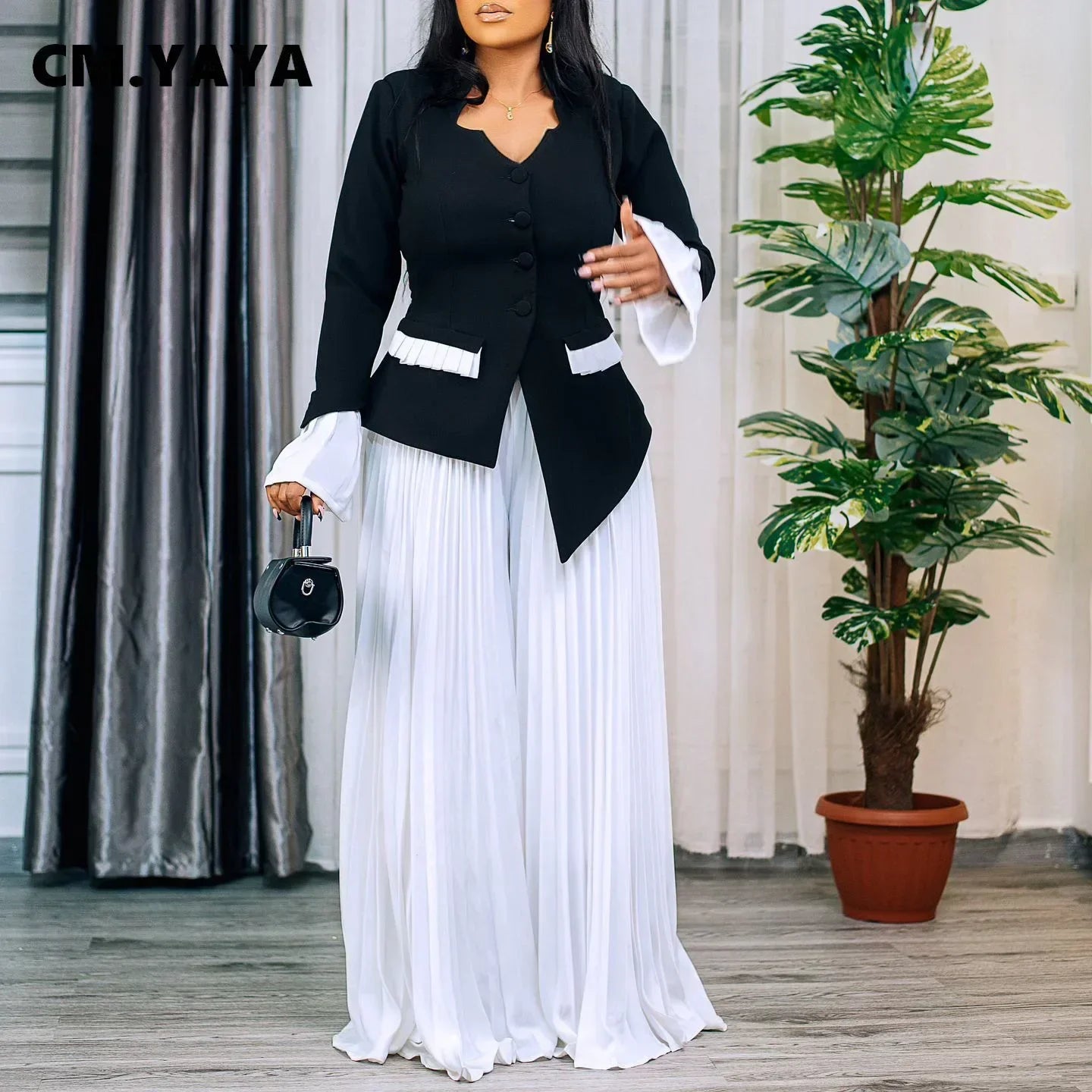 Wide Leg Pants Set from CM.YAYA, featuring a sophisticated elastic waist and chic solid design, ideal for office attire in autumn and winter.