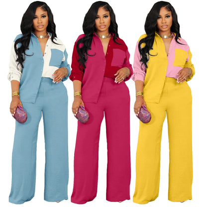 Elegant women's luxury 2-piece tracksuit set featuring full-length pants and a turn-down collar top, perfect for casual autumn-winter outings.