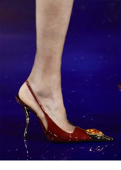 XINGDIKU red high heel sandals featuring an elegant fox head jewel decoration, perfect for upscale casual and formal wear.