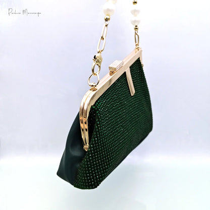 Luxury green ladies shoulder bag featuring sparkling crystal embellishments, ideal for fashion-forward women.