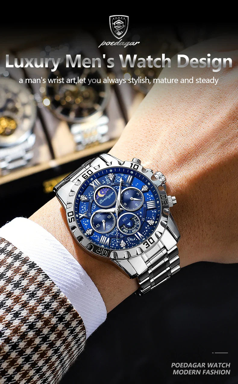 Luxury luminous chronograph men's sports watch with a durable waterproof stainless steel band and a striking 44mm round dial.