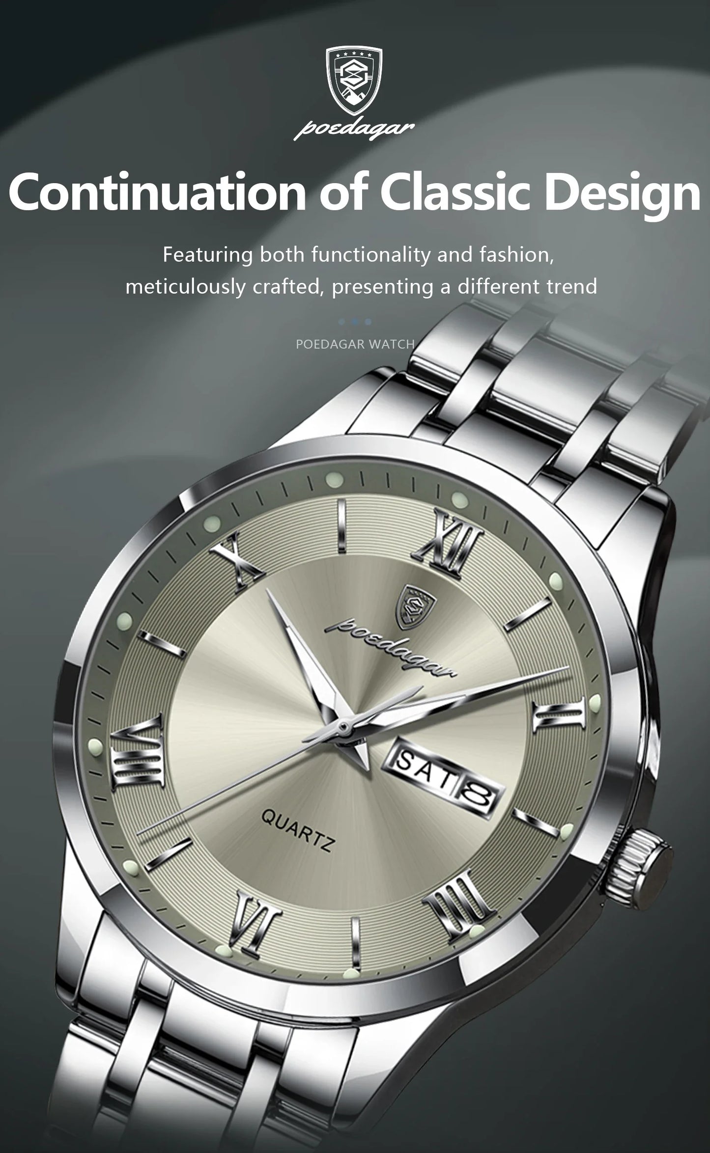 Luxury men's quartz wristwatch displayed in a high-end setting, featuring a stainless steel band, Roman numeral display, and luminous hands for optimal visibility.