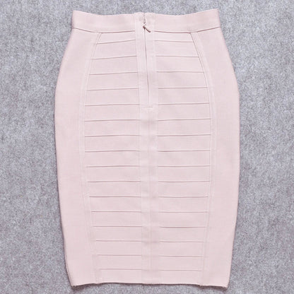 Luxurious detail of the HQBORY nude bandage pencil skirt, illustrating its medium stretch polyester and spandex fabric for ultimate comfort.
