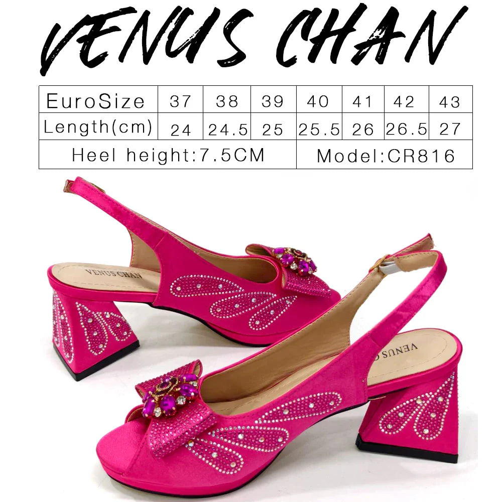 Venus Chan Bow Rhinestones Peep Toe High Heels in luxurious purple, showcasing exquisite detailing for elegant women's footwear.