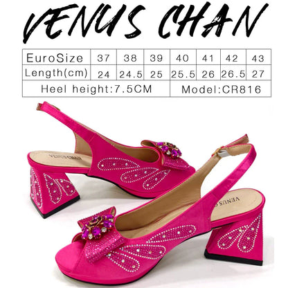 Venus Chan Bow Rhinestones Peep Toe High Heels in luxurious purple, showcasing exquisite detailing for elegant women's footwear.