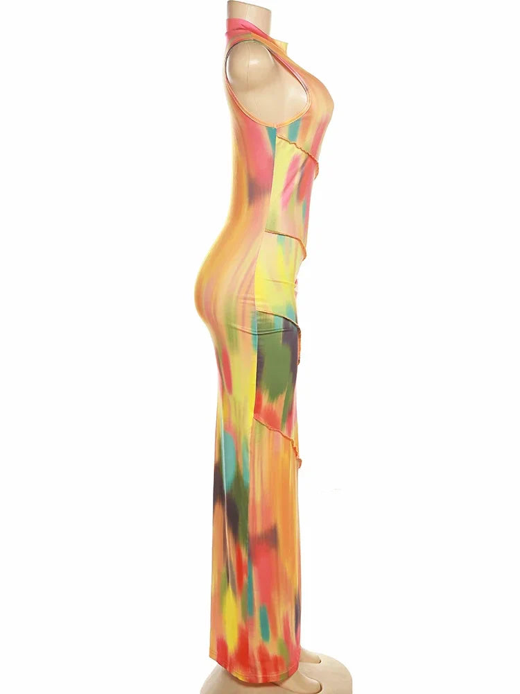 A stunning display of the ankle-length BWQ Maxi Dress for Women, highlighting its unique design elements and vibrant tie-dye print, perfect for fashionable outings.