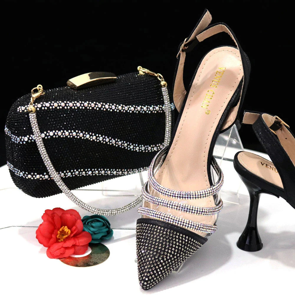 Sophisticated side view of Venus Chan pointed toe black heels, showcasing the exquisite rhinestone detailing ideal for formal occasions.