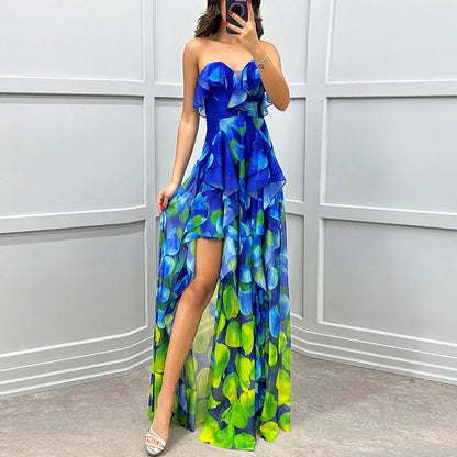 Beautifully designed women's spring/summer dress featuring a strapless neckline and a captivating print for a statement appearance.