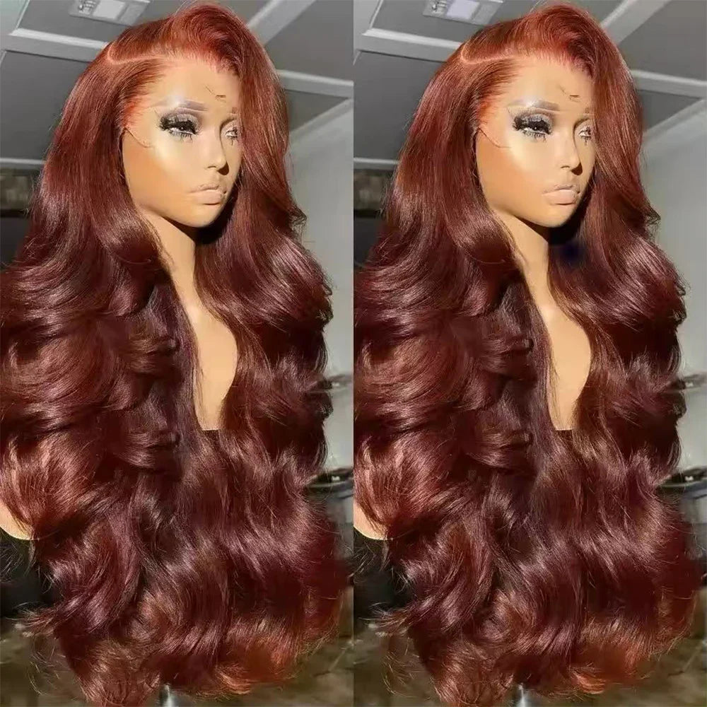Showcasing the exquisite texture and rich colour of this luxurious 34-36 inch Brazilian body wave wig, ideal for a glamorous style with its Swiss lace construction.