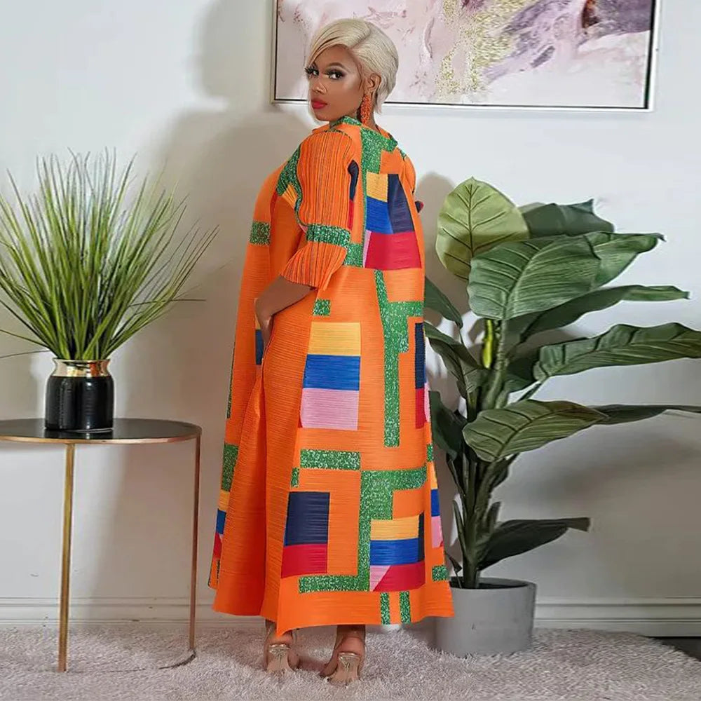 Elegant African Plus Size O-Neck Pleated Long Dress with 3/4 Sleeve in rich red colour, showcasing traditional Dashiki design for women.