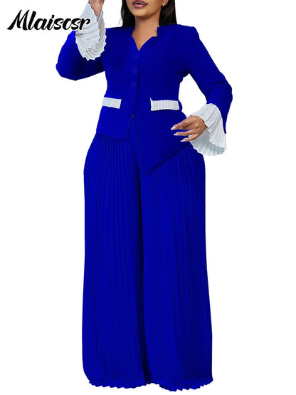 Luxurious Mlaiscsr Elegant 2 Piece African Women's Long Sleeve V-Neck Top with High Waist Wide Leg Pants Set, perfect for office or special occasions, crafted from high-quality fabrics with a refined V-neck design.