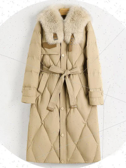 Chic long winter jacket for women, highlighting a sophisticated design with pockets and a sleek, solid fabric finish.