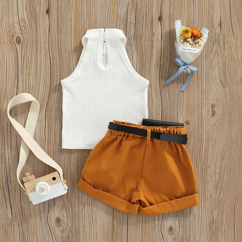 Luxury girls 3-piece summer outfit featuring a stylish sleeveless halter top, comfortable shorts, and a chic waist bag, designed for ages 1-3 years.