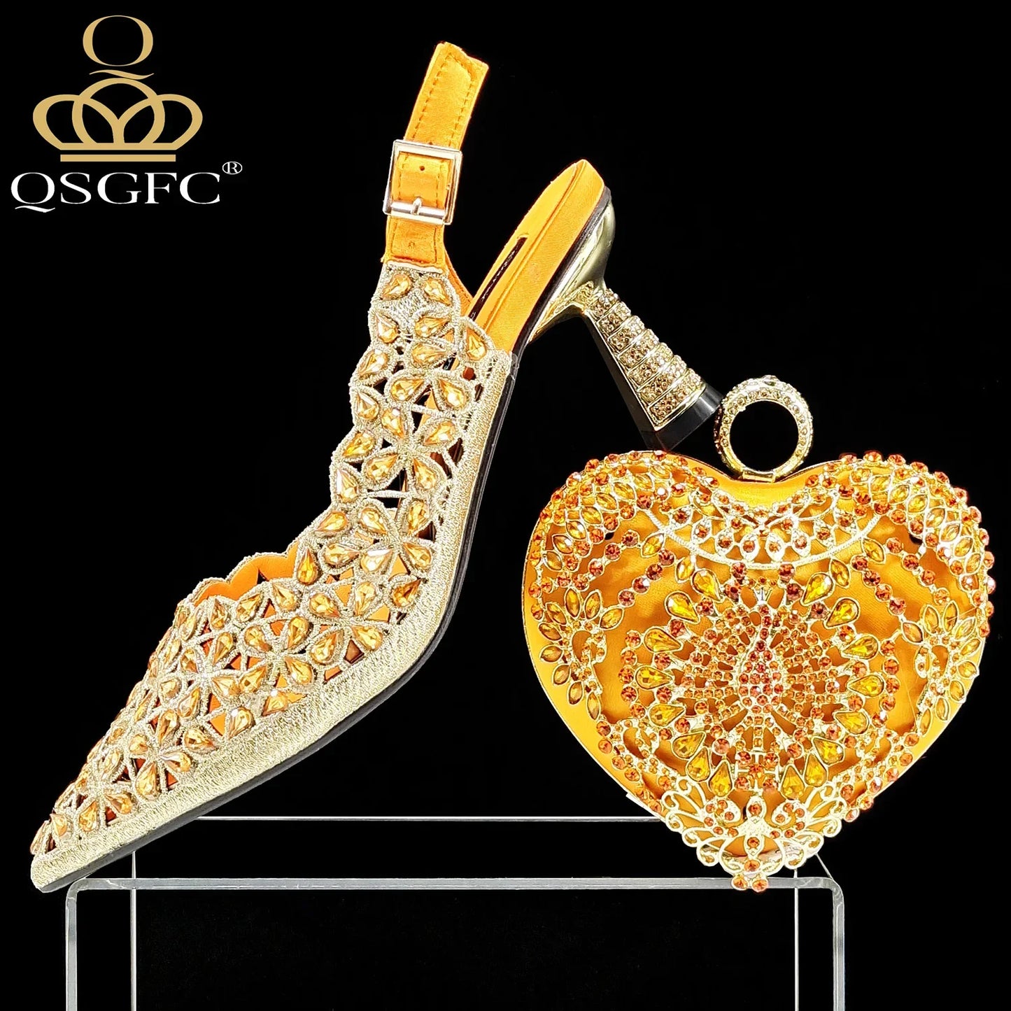 Trendy QSGFC fuchsia women's pumps and matching bag set, elegantly styled for special occasions.