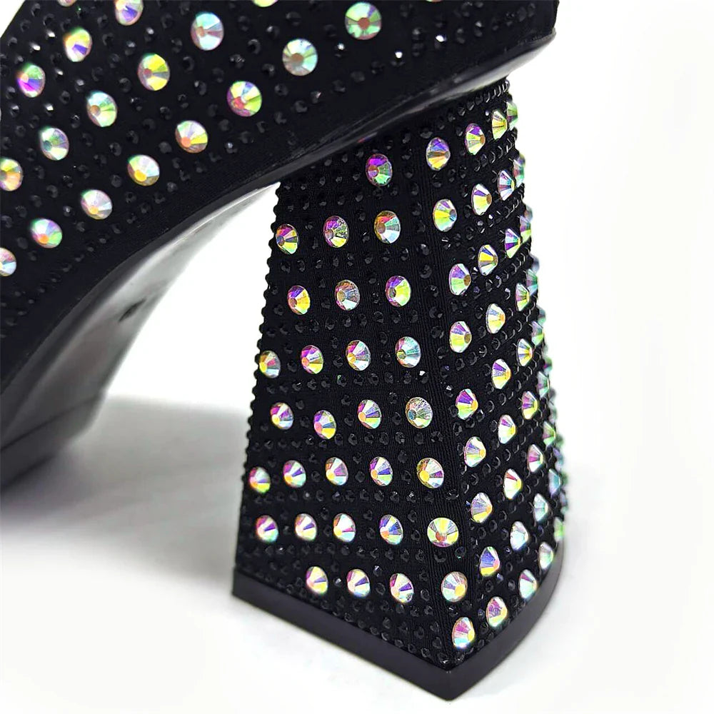 Exquisite details of Venus Chan yellow rhinestone heels, embodying luxury and comfort for women attending special occasions.