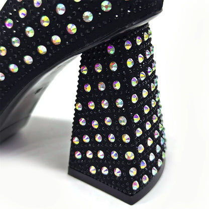 Exquisite details of Venus Chan yellow rhinestone heels, embodying luxury and comfort for women attending special occasions.