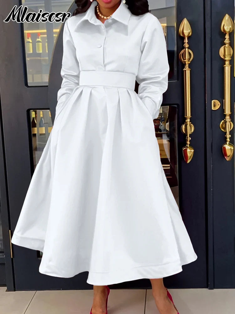 Back view of the elegant Mlaiscsr khaki midi dress, demonstrating the flattering empire waistline and elegant silhouette, perfectly crafted for a luxurious office look.