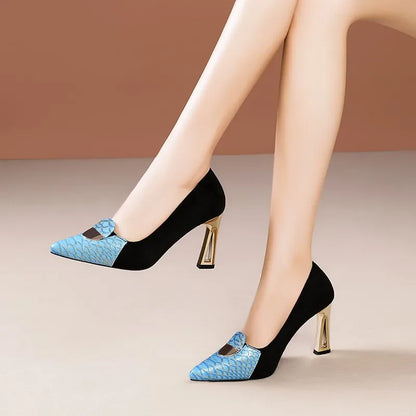 Elegant suede pointed toe heeled shoes for women, featuring high thin heels for a sophisticated touch, perfect for dressy occasions.