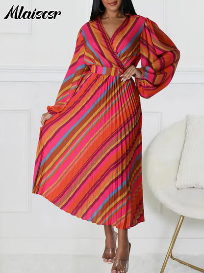 Close-up view of Mlaiscsr Striped V Neck Midi Dress detailing the exquisite pleated fabric and flattering silhouette, ideal for modern women seeking luxury and comfort.