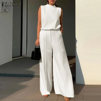 Elegant women's 2-piece matching set featuring a chic tank top and wide leg pants, perfect for office and summer styling.