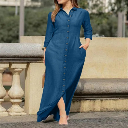 Refined button-up solid shirt dress for women, crafted from cotton blend material, combining elegance and comfort for the modern office environment.