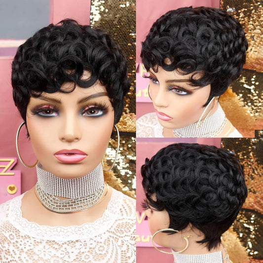 Luxurious short curly pixie wig for women made from high temperature fibre, showcasing a stylish and modern look for daily use with 180% density.