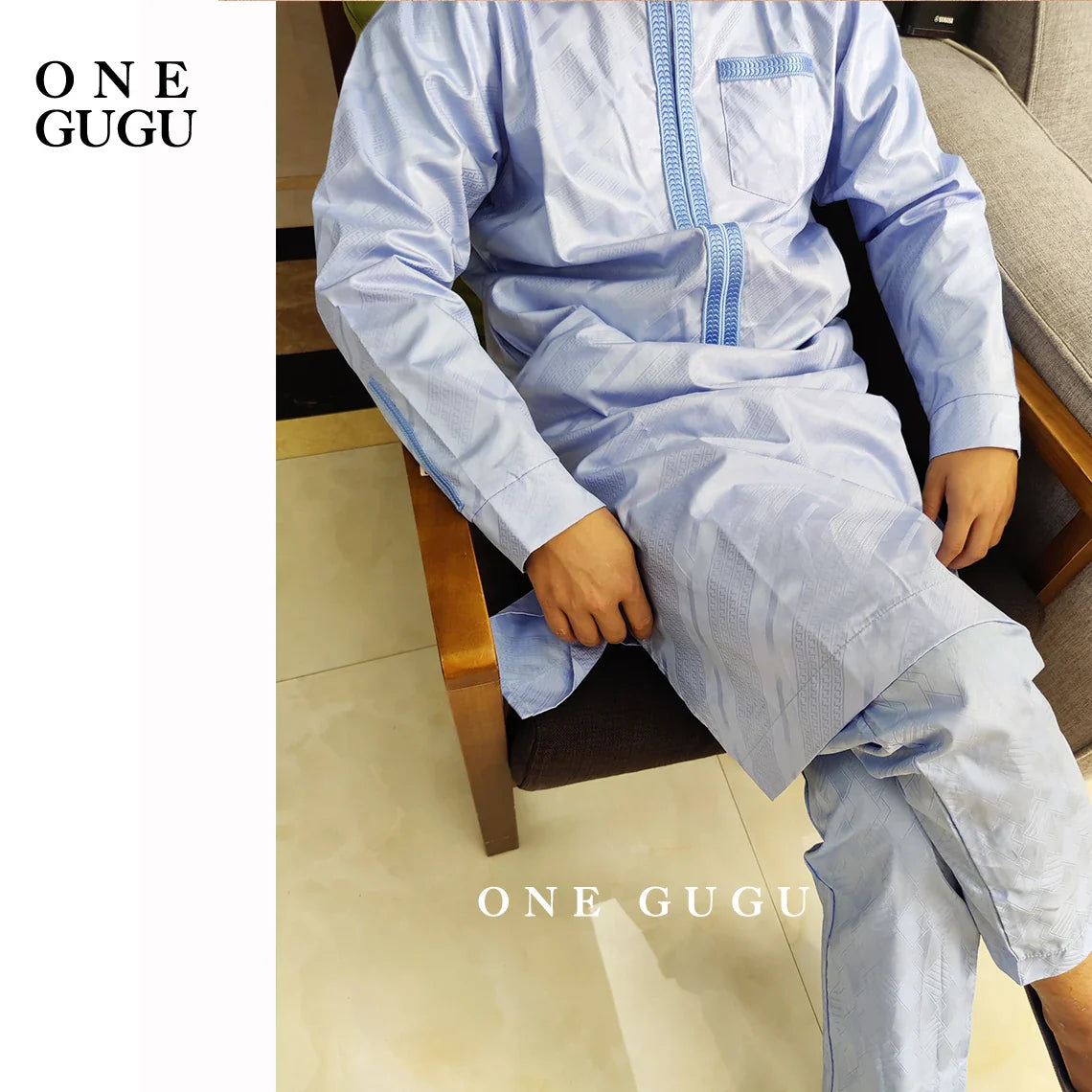 Exquisite Premium Waterproof African 2-Piece Set featuring a Men's Blue Cotton Shirt and Pants, showcasing the elegant design of Original Nigerian Dashiki, ideal for sophisticated occasions.