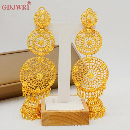 Luxurious geometric long tassel earrings in gold colour, crafted from high-quality copper, perfect for weddings and elegant parties.