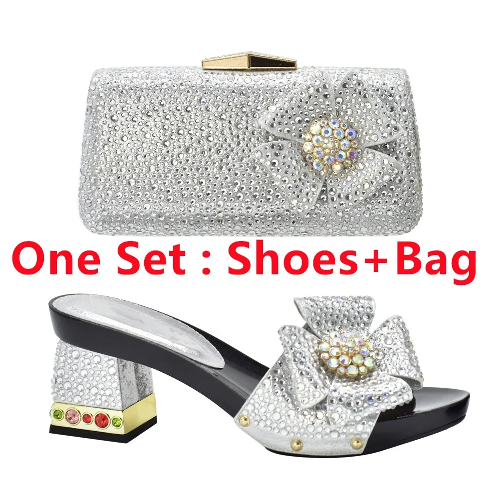 Pair of elegant women's high heel slingback shoes with crystal accents in gold, perfect for summer occasions.
