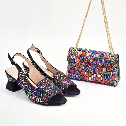 Chic handbag from the women's elegant Italian shoe and bag set, embellished with rhinestones, ideal for luxury occasions.