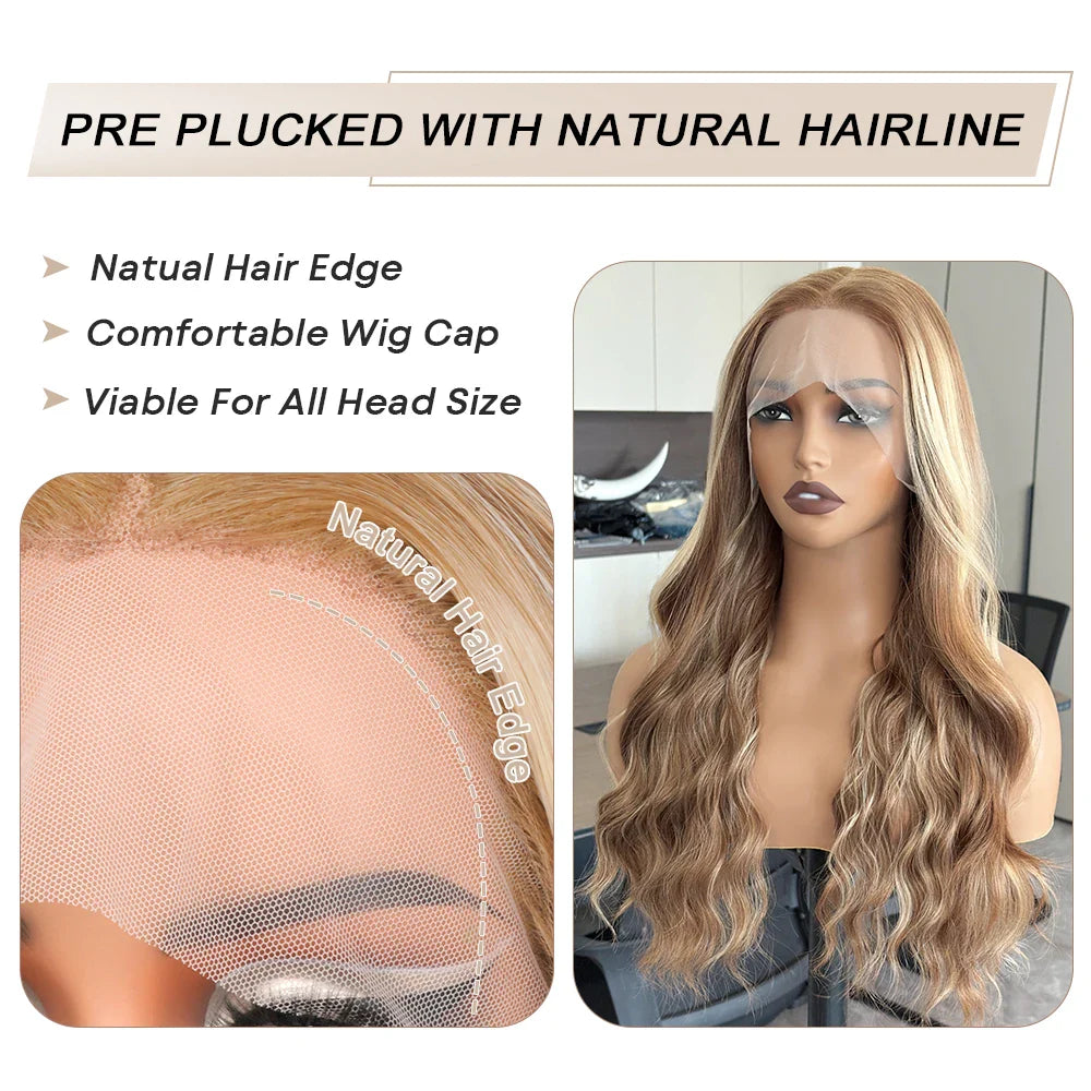 Exquisite details of the body wave ombre lace front wig in luxurious honey blonde, showcasing fine Swiss lace construction.